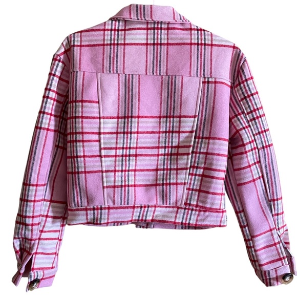 Bubble gum pink and red plaid button up coat with a faux fur lining - Picture 5 of 6